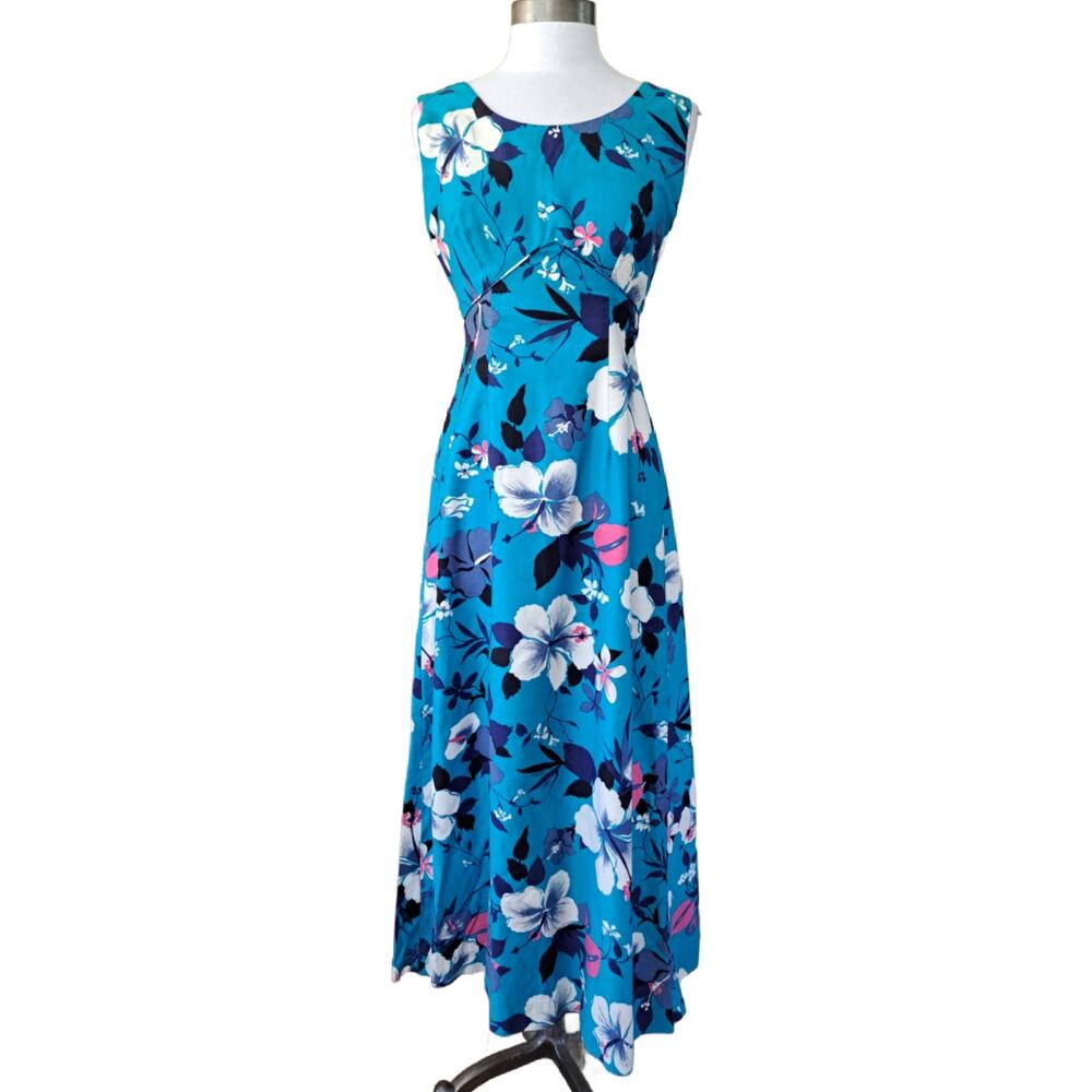 Vintage Royal Hawaiian Blue Floral Printed Maxi Dress Size Est XS Sleeveless